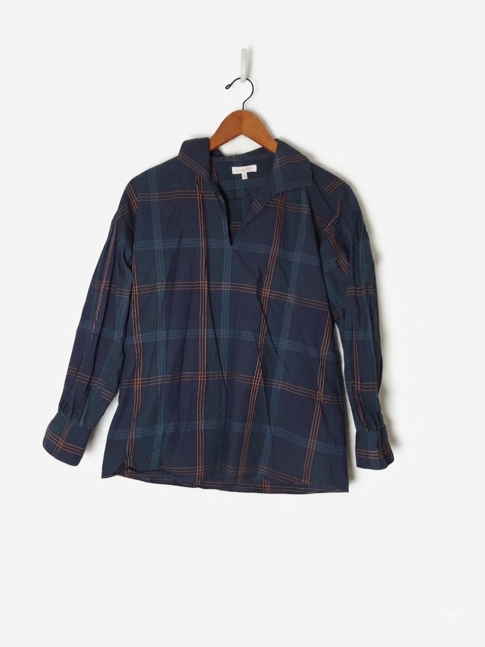 ANN MASHBURN Navy Plaid Popover Tan Windowpane Shirt Size XS